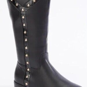 Cato Black Faux Leather Tall Boots Croc Trim Gold Stud Detail 1" Heel Size 8